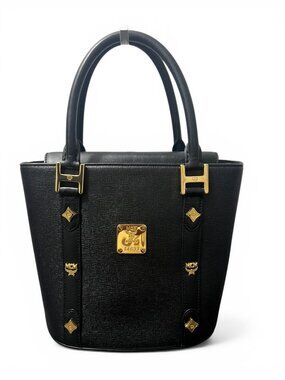 MCM Black Leather Small Bucket Bag With Gold Hardware & Logo Accents
